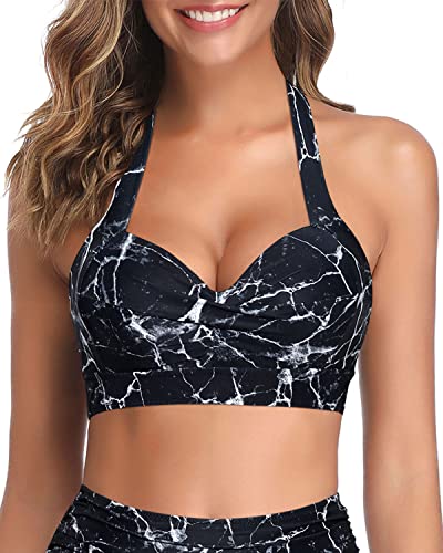 Thick Band Halter Neck Retro Bikini Top For Women-Black Marble