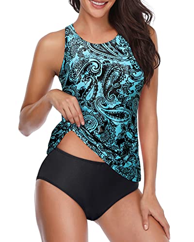 Two Piece Tankini Swimsuits High Neck Halter 2 Piece Bathing Suits-Blue Paisley