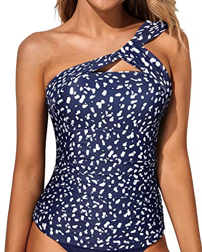 Flattering Ruched Bathing Suit Top Tummy Control Swim Tops-Navy Blue Dot