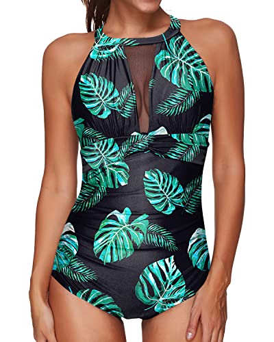 Sexy Mesh Ruched Women's One Piece Bathing Suit-Black And Green Leaf