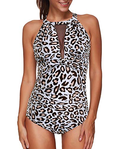 Mesh Plunge Swimsuit High Neck For Women-Leopard