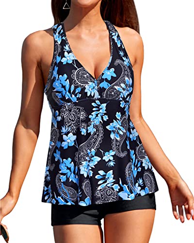 Full Coverage Swimwear Push Up Tankini & Boyshort For Tummy Control-Black Floral