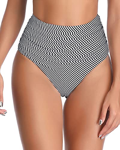 Women's High Waisted Tummy Control Bikini Bottom-Black And White Stripe