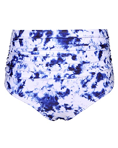 Flattering Women's High Waisted Bikini Bottom Shirred Tankinis Brief-Blue Tie Dye