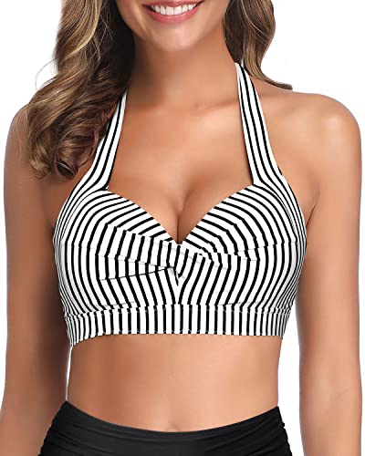 Vintage Style Push Up Halter Bikini Top Only-Black And White Stripe
