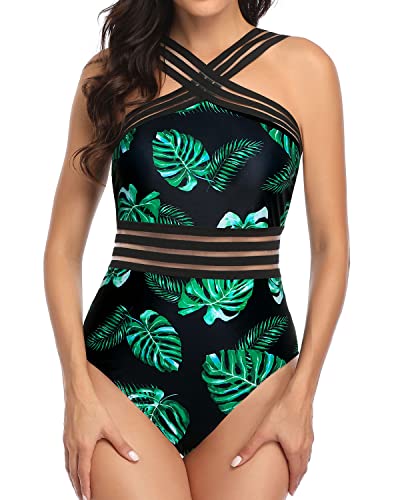 Unique Crisscross Mesh Straps Sexy One Piece Swimsuits-Black And Green Leaf