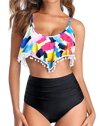Flounce Two Piece Bikini Scoop Neckline Ruffle Swimsuit For Women-Color Block