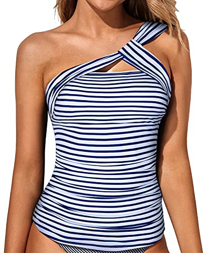 Elegant Women's Swim Top Tummy Control Tankini Top-Blue And White Stripes