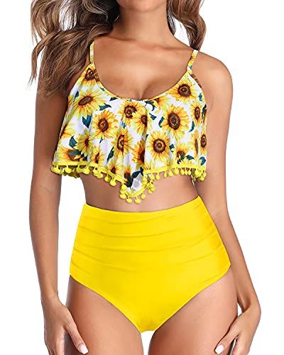 Two Piece High Waisted Bikini Flounce Ruffle Swimsuit For Women-Yellow And Sunflower