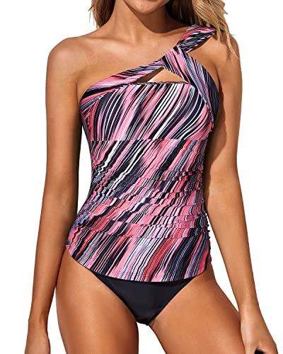 Sexy Asymmetrical Tankini Top 2 Piece Tankini Bathing Suits For Women Shorts-Pink Stripe