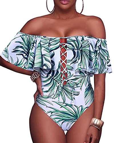 Slimming Lace Up Ruffled One Piece Swimsuit For Women-Green Leaf