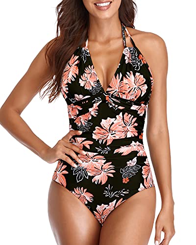 Adjustable Halter Neck Tummy Control One Piece Swimsuits-Black Orange Floral