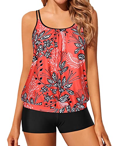 Women High Waisted Boyshort Tankini Bottoms Bathing Suits-Red Floral