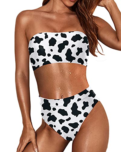 Slimming Two Piece Bikini High Cut Bottom And Strapless Top-Black And White Cow Pattern