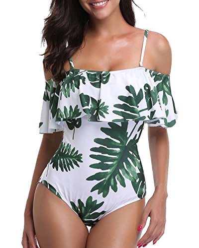 Women's Adjustable Padded Ruffle Swimsuit-White Leaf