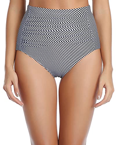 Tummy Control Swimsuit Bottoms Ruched Bathing Suit Bottom-Black And White Stripe