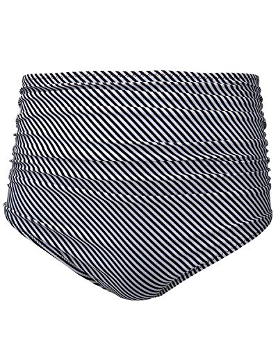 Shirred Tankinis High Waisted Bikini Bottom For Ladies-Black And White Stripe